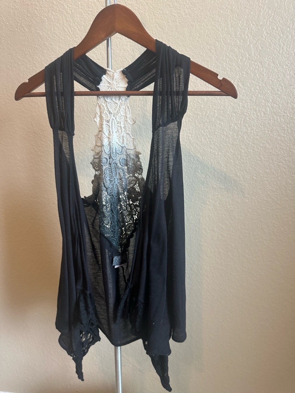 Moa Moa Black Vest with Lace Detailing and Gradient Crochet Back